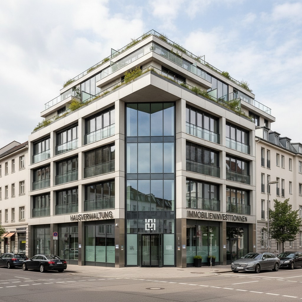 Modernes Bürogebäude an einer Straßenecke mit großen Glasfronten und der Beschriftung „Hausverwaltung“ sowie „Immobilieninvestitionen“.